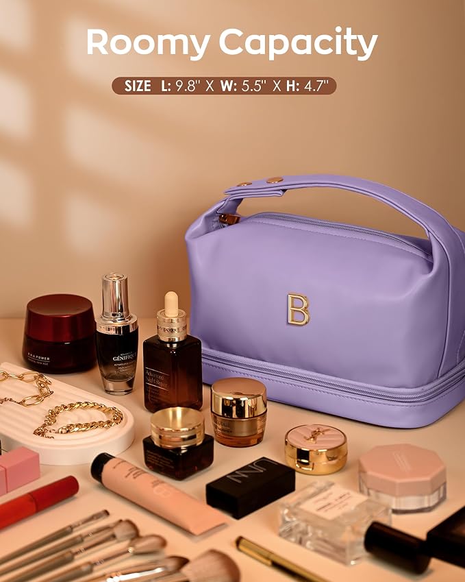 Makeup Bag with Handle, Waterproof Double Layer Cosmetic Bag, Large Capacity PU - Image 6