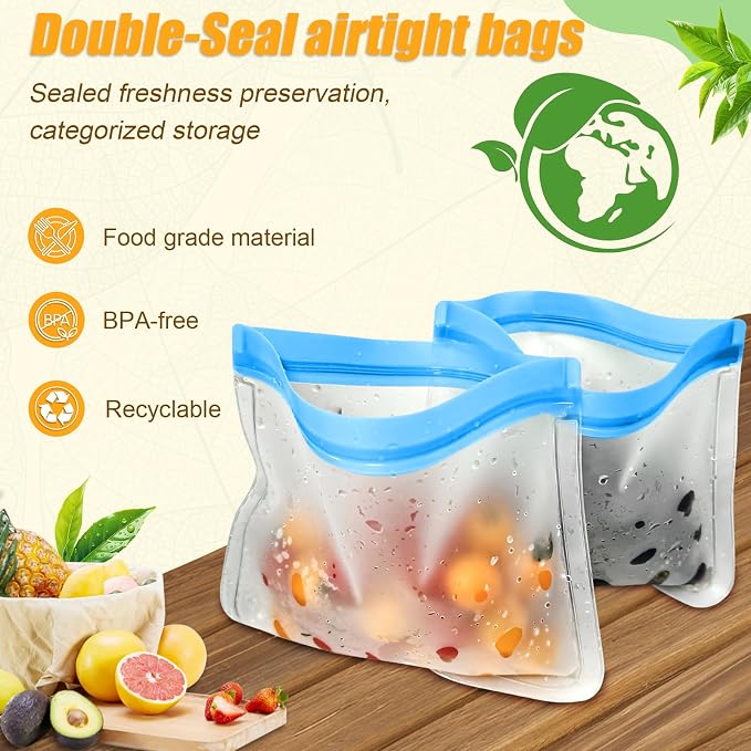 10 Pack Reusable Silicone Food Storage Bags, Leakproof Dishwasher Safe Reusable - Image 3