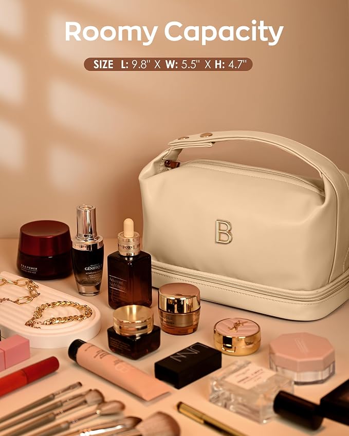 Makeup Bag with Handle, Waterproof Double Layer Cosmetic Bag, Large Capacity PU - Image 5