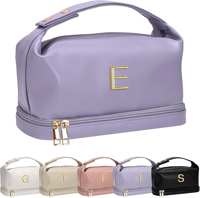 Personalized Makeup Bag with Handle, Initial Double Layer Cosmetic Bag with by Vogewood