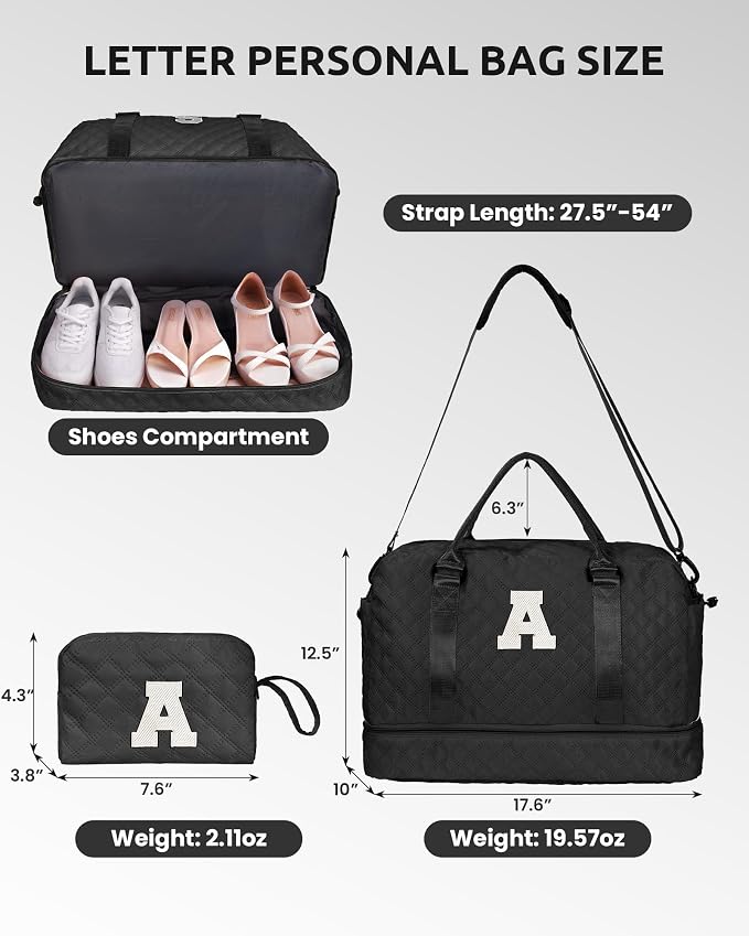 Initial Duffle Bag with Shoe Compartment, Personalized Weekender Bag with - Image 2