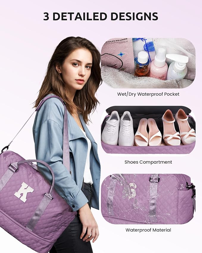 Girl Duffle Bag with Shoe Compartment, Tween Weekend Duffle Bag, Monogram - Image 7